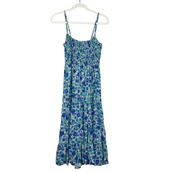 Yumi Kim Tiered Floral Blue Smocked‎ Sleeveless Dress Sz S Cottage Boho Peasant - Picture 6 of 11